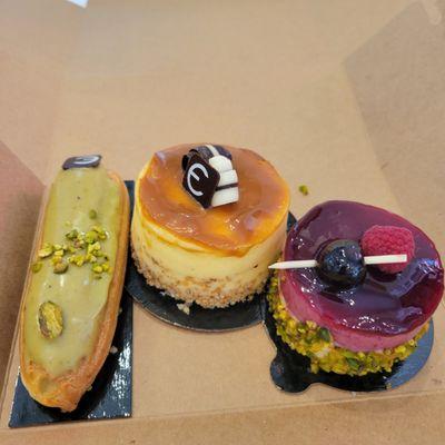 Pistachio éclair, Toffee Cheesecake, and Cherry Ricotta Cheesecake (left to right)