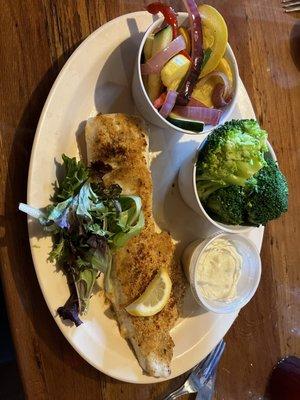 Parmesan Cod with Steamed broccoli and zucchini stir fry.