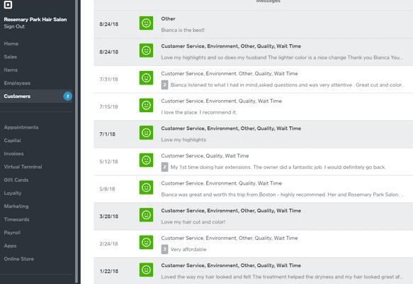 Our customer reviews through the Square System.