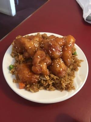 Sesame Chicken atop Fried Rice