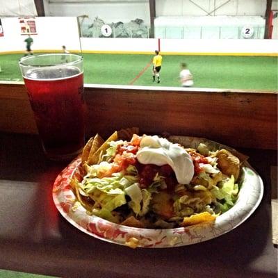 Nachos, half 2Towns / half honey mead, and soccer! What else could you ask for?