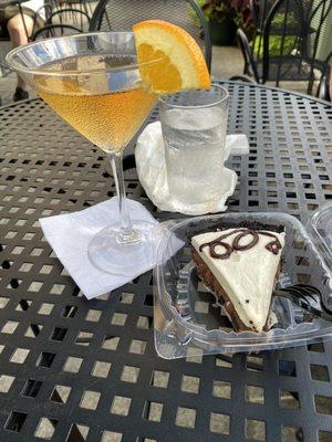 Godfather martini (vodka, amaretto, orange) and First Slice chocolate cream pie