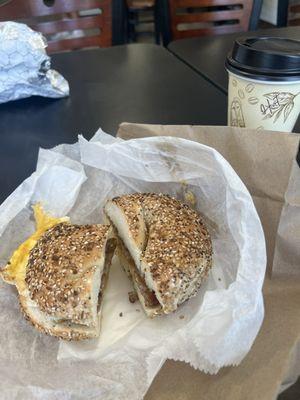 Everything bagel with egg cheese and sausage