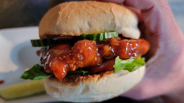 (Fried) Hot Honey Chicken Sandwich, fries w/Excavator BBQ sauce: The cilantro sour cream slices the heat from the hot honey nicely