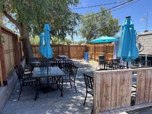 Outdoor patio has lots of shade