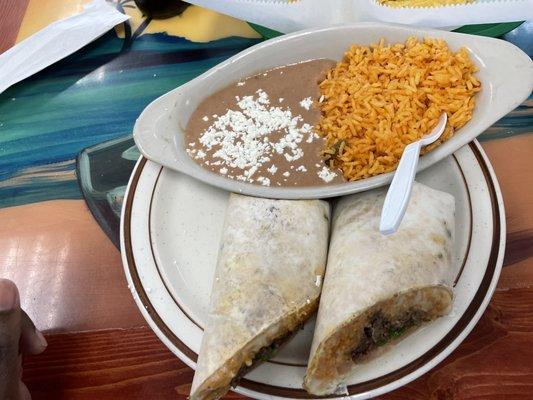 Asada burrito with rice and beans