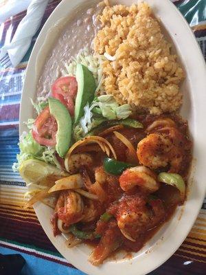 Camarones Rancheros with rice and beans