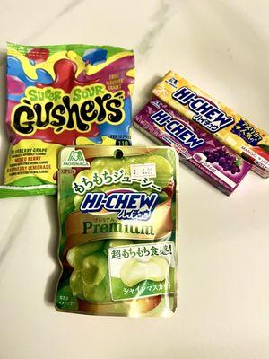 Hi-Chew Japan Green/Purple Grape, Hi-Chew Mango, and Super Sour Gushers