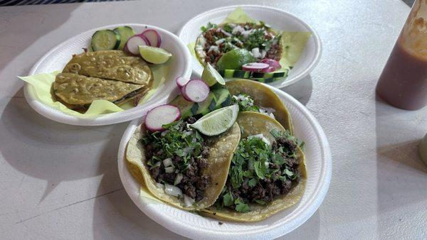 The Best Tacos. Mulita top left, Choriqueso top right, and Asada Tacos   on the bottom