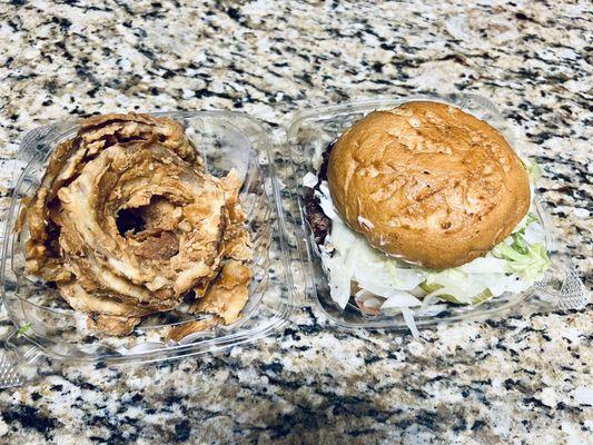 The $14+ shroom burger & onion rings I ordered.