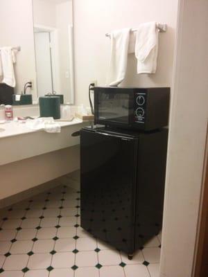 Fridge and microwave in bathroom