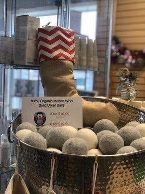 100% merino solid wool dryer balls. Stuff your stocking for a 25% discount and the stocking is FREE!