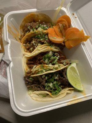 4 tacos: 2 birria, 1 pastor, 1 asada