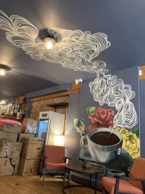 Cool wall mural by seating