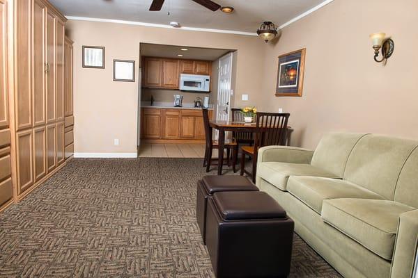 View of efficiency kitchen and entry way of our studios. The couch is a pull out air mattress bed.