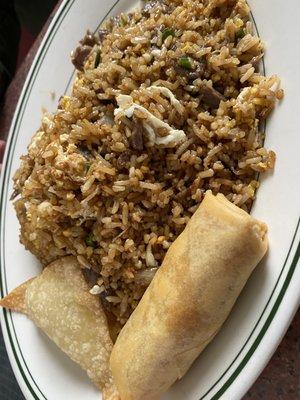 Fried rice lunch (beef) comes with egg roll, and puff