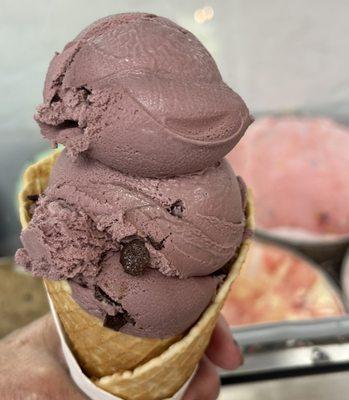 Raspberry chocolate chip yogurt in a waffle cone SMALL size