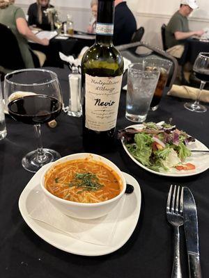 Tomato Basil soup, house salad and yummy wine.