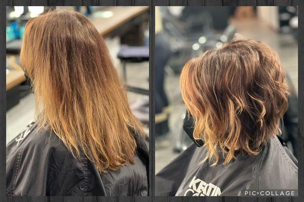 Before and after - bright blonde framing the face and texture throughout