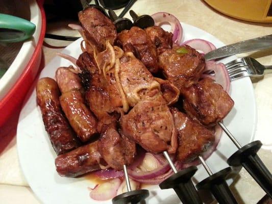 Got marinated pork shishkebob+garlic sausage. Then mums magic touch!!!