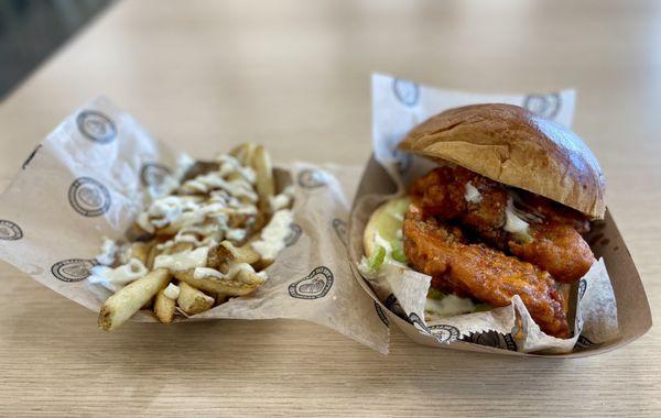 Chicken sandwich with truffle fries