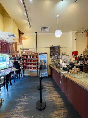 counter and some seating by the window