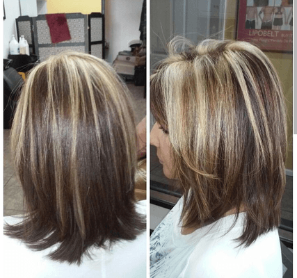 Color blonde highlights cut wash blow dry pressed straight