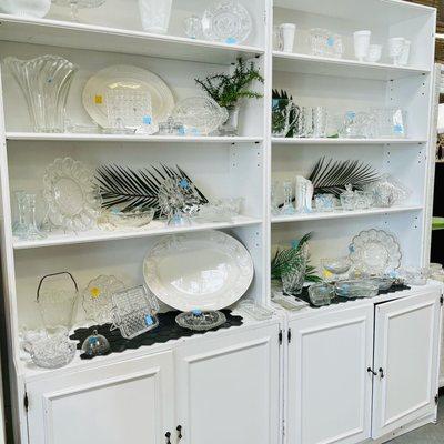 White hutch, dishes