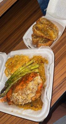 Chicken Stuffed Chicken with Crab Meat, Asparagus, Mac and Cheese, Lamb Rolls