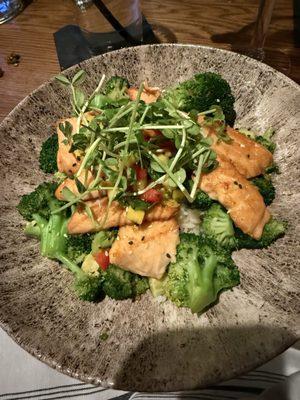 Salmon bowl. It was good but needed a sauce for the rice!