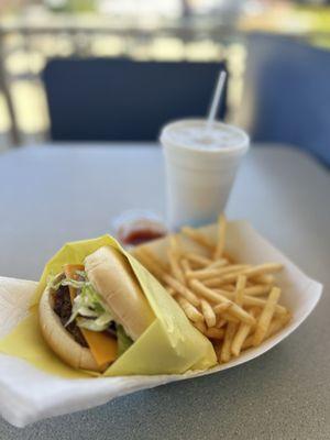 Burger, fried es and drink combo.