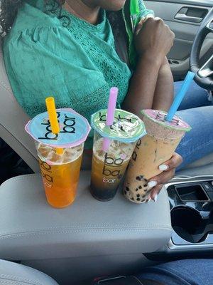 Left to right: Mango w/green tea, Blueberry lemon and Oreo Milk Tea.