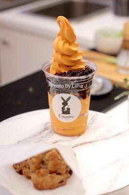 16 oz Thai Tea Soft Serve with Honey Boba ($7.30) and Walnut Chocolate Chip Cookie ($4.95)