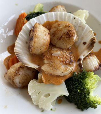 six sea scallops with a tomato-bernaise sauce over carrots, broccoli, cauliflower, spinach, mashed potatoes and decorative scallop shell