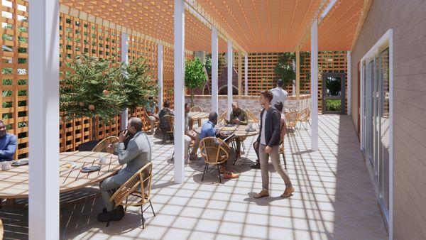 Rendering of the Exterior Part of a Coffee Shop. Visualized with people, seating and landscape.