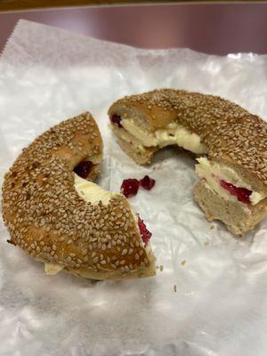 Sesame Sees Bagel with extra butter and jelly.