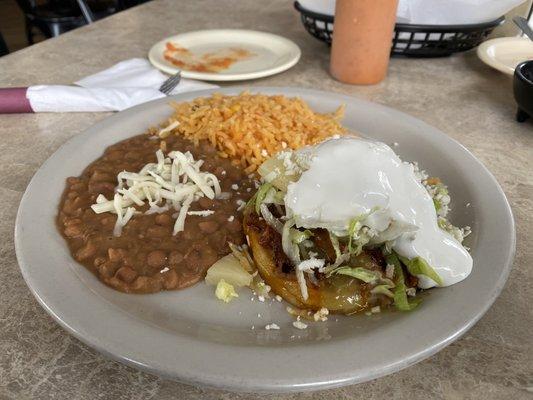 Pork and pineapple Sopes w/ beans and rice.