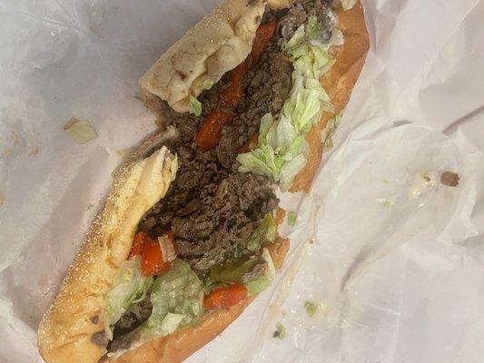 Small cheesesteak w/ fried onions, lettuce & "sweet peppers"