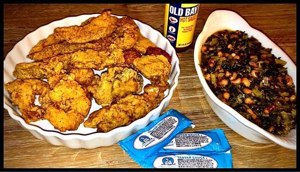 Catfish, Oysters, Three  Jumbo Shrimp & Homemade Black-Eyed Peas & Collards #theBest