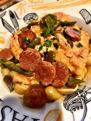 Chicken Murphy with sausage and shells