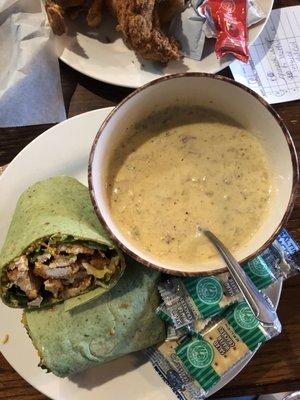 Buffalo chicken wrap and potato soup