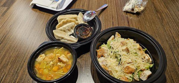 My zucchini noodles with chicken, a side of chicken noodle soup, and an order of potsuckers. They are quite large.