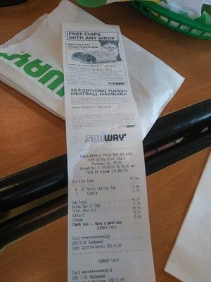 Receipt!! All free! Subway cards from work.