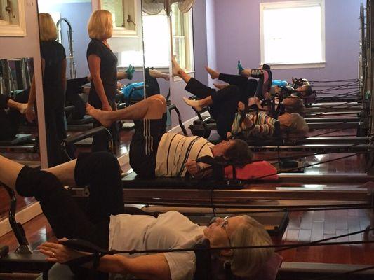 Our group Reformer classes are very popular. This is a "core" exercise. It's not so easy to keep those legs up as you strengthen your lats!