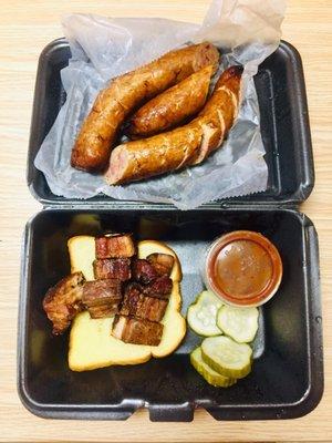 Smoked sausage & bacon burnt ends (takeout vers)