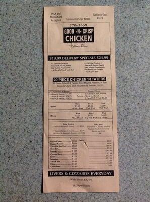 Back side of menu for Ingleside Good and Crisp chicken!!