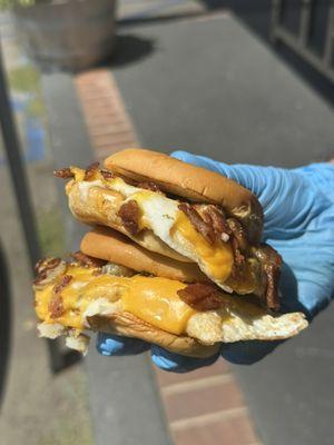 B&B Special Breakfast Sliders - crispy bacon, sausage, over-medium eggs, American cheese, mayo served on Martin's potato buns