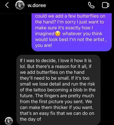 Doree saying she loves how her work looks, and how extra butterflies on the hand would look bad