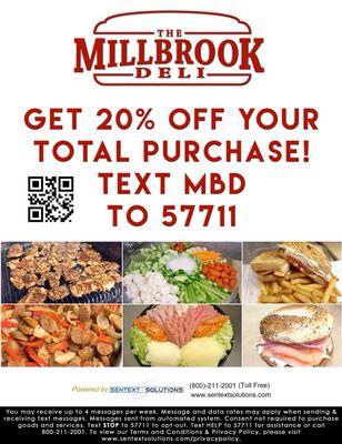 Become a VIP member of Millbrook Deli, receive special offers, discounts and more. Opt-in today and receive 20% off your total purchase.