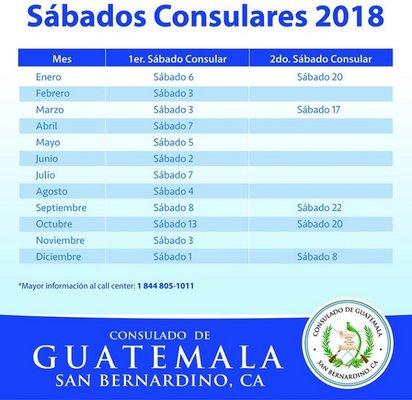 Calendario de Sábados Consulares en el Consulado de Guatemala en San Bernardino.  Nuestros horarios de atención serán de 08:00 am a 01:00 pm